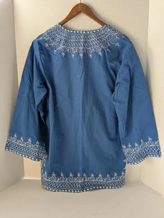 Moroccan Embroidered Tunic Top Women’s L Blue White Boho Kaftan Gandoura Shirt - Picture 3 of 8